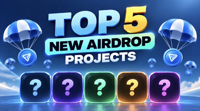 A vibrant promotional graphic featuring bold "TOP 5 NEW AIRDROP PROJECTS" text against a blue sky backdrop with parachute icons, displaying five colorful mystery boxes with question marks below, perfectly illustrating the post's callout of five early-stage airdrop opportunities.
