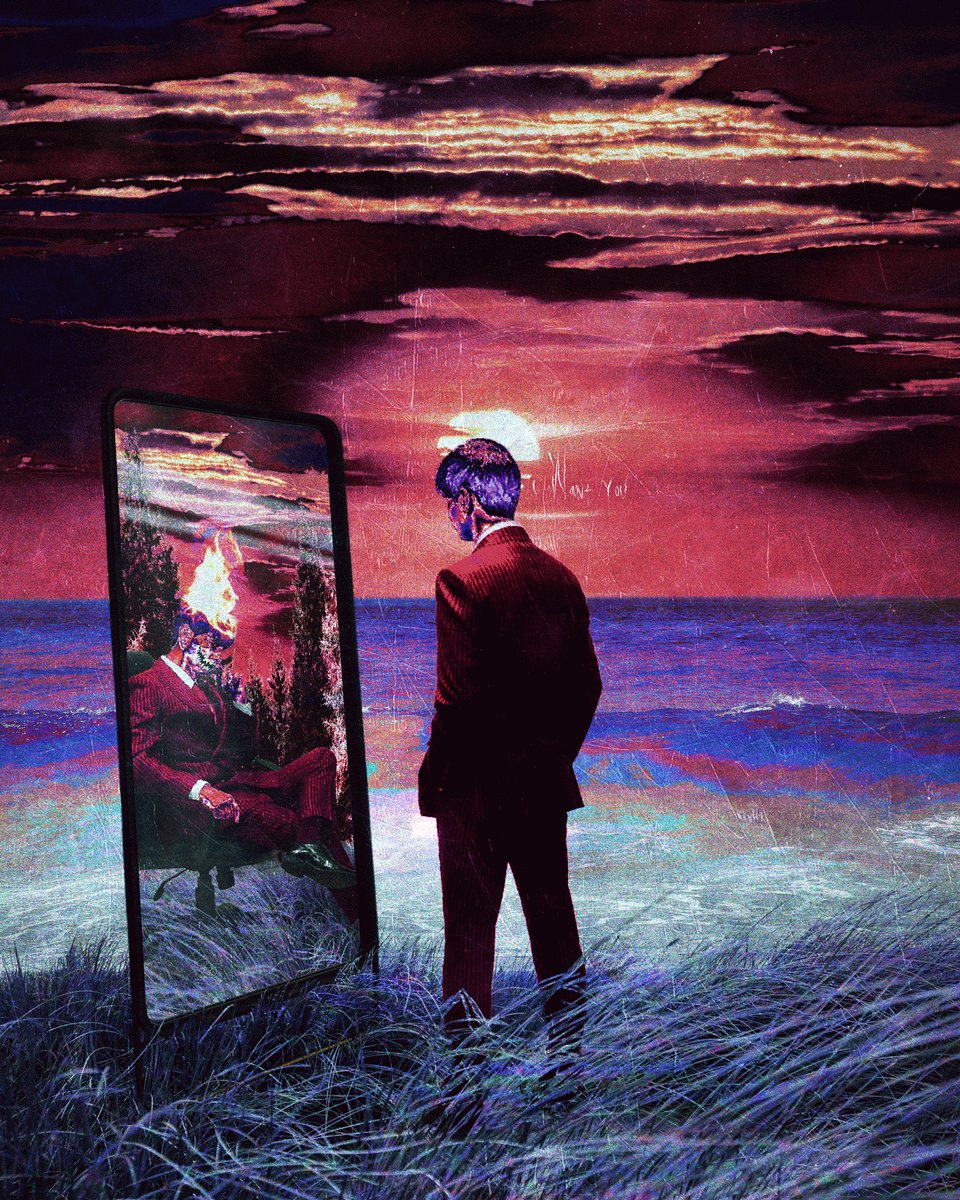 The image features a man standing alone in front of a mirror, looking at his reflection. He appears to be wearing a suit and tie, suggesting that he might be dressed for an important occasion or event. The background of the image shows a beautiful sunset over the ocean, creating a serene atmosphere. The caption "daily forever. embrace it." implies that life is meant to be lived fully and with passion, just like the man standing in front of the mirror.