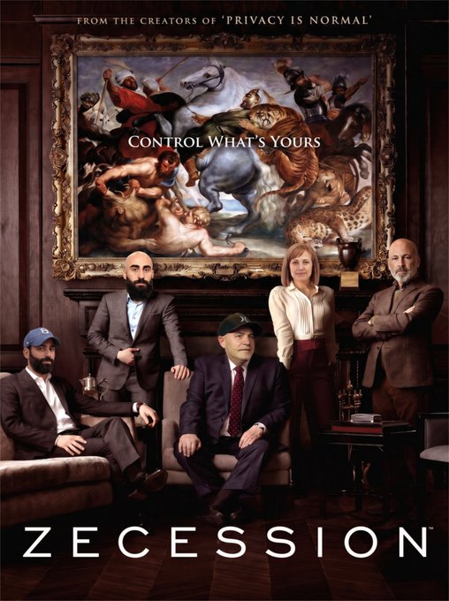 Poster for 'ZECESSION' from the creators of 'Privacy is Normal', showing five people posed in front of a classical tiger hunting painting with the tagline 'Control What's Yours'.