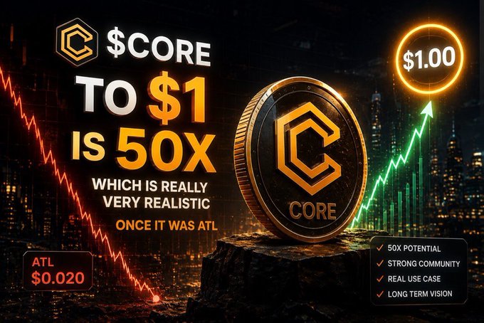 A cryptocurrency advertisement for '$CORE' showing a gold coin, claiming a 'To $1 IS 50X' potential from its 'ATL $0.020' price, with an 'ONCE IT WAS ATL' tag.