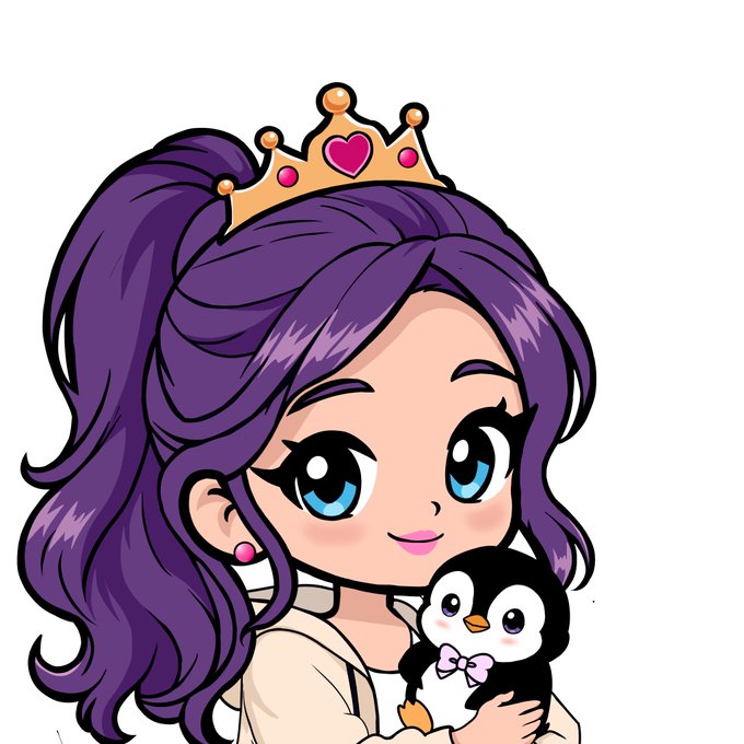 A cartoon illustration of a girl with purple hair wearing a golden crown with a heart, holding a small penguin with a pink bow tie.