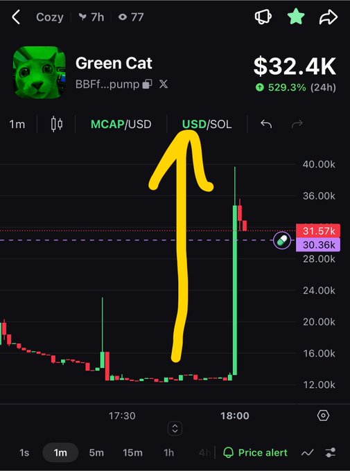A crypto chart showing the 'Green Cat' token (BBFF...pump) at $32.4K, up 529.3% in 24 hours, with a yellow arrow pointing to the dramatic price spike between 17:30 and 18:00 on the USD/SOL pair.