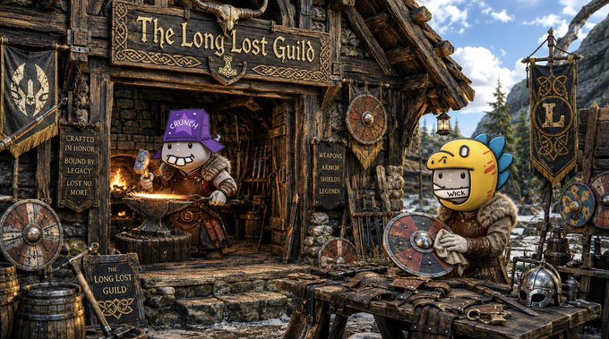 The image shows a "Long Lost Guild" scene with two cartoonish warriors—one purple-capped character named "Grunty" hammering at a forge, and a yellow helmeted "Lurch" holding a shield—amidst medieval weaponry and banners, capturing the Web3 warrior recruitment spirit of the post inviting members to join the "Long Lost Guild" and fight in the Valhalla arena.