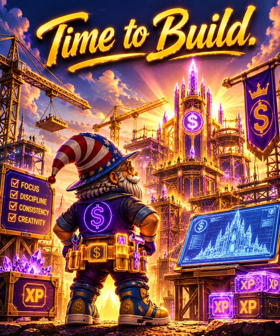 A fantasy illustration titled 'Time to Build' featuring a bearded character in a patriotic top hat with a dollar sign emblem, standing before a gold and purple crystal castle under construction, with checkboxes listing 'Focus, Discipline, Consistency, Creativity' and XP crates scattered around.