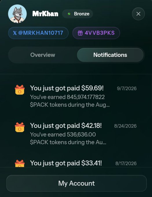 A notification screen for user 'MrKhan' shows three '$PACK' token payouts dated 9/7/2026, 8/24/2026, and 8/17/2026.