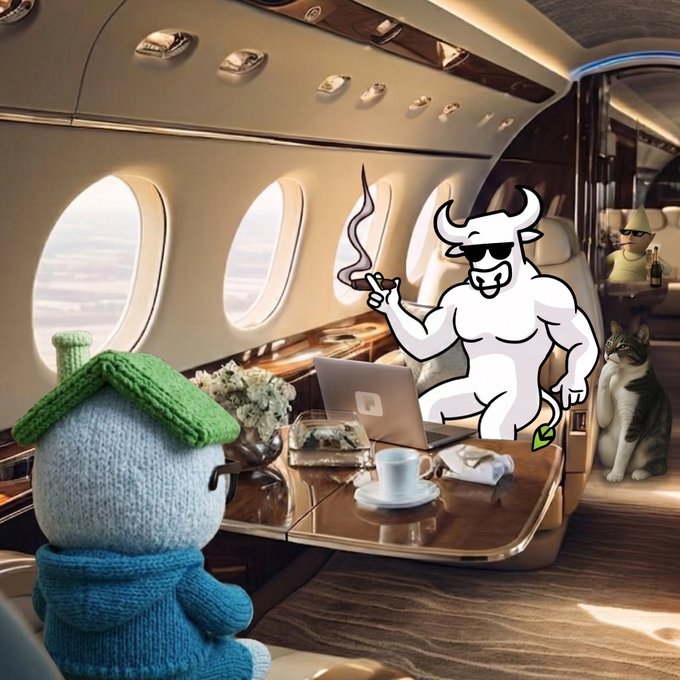 A plush toy bull in sunglasses is smoking a cigar and working on a laptop in a private jet, while a plush toy house and a cat observe. This visually represents the phrase "HIGHER" and the "@ponsdotfamily" account's bullish sentiment.