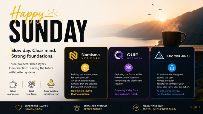A 'Happy Sunday' graphic with the message 'Slow day. Clear mind. Strong foundations,' highlighting three projects: Nomisma Network (laying foundation), QUIP Network (preparing for post-quantum world), and ARC Terminal (AI environment for users).