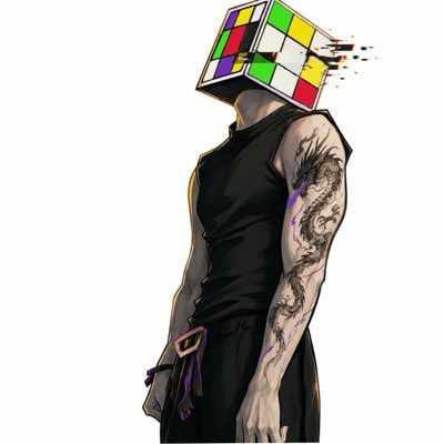 An artistic illustration of a figure wearing a black tank top with a dragon tattoo on their arm, whose head is replaced by a disintegrating Rubik's Cube.