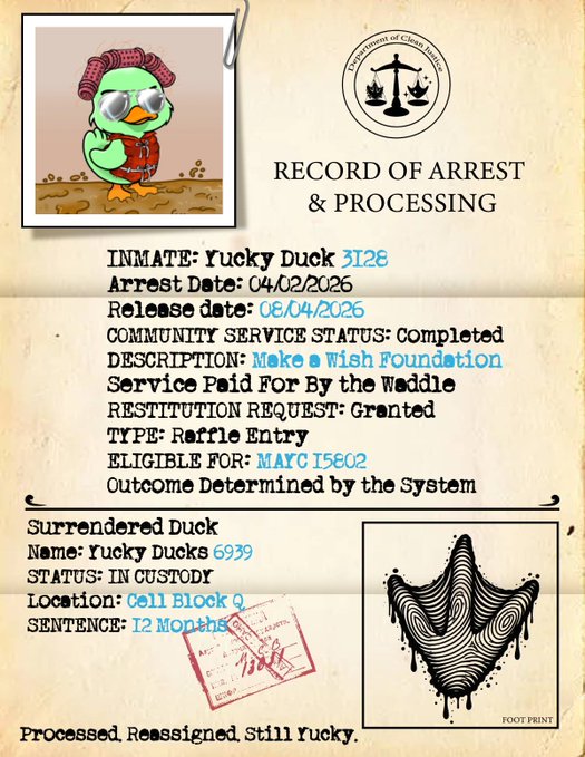 A humorous 'Record of Arrest & Processing' document featuring a cartoon duck character labeled 'Yucky Duck 3128', with an arrest date of 04/02/2026, community service status completed, and a 12-month sentence.