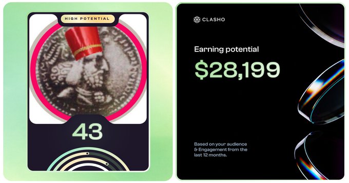 The image displays two side-by-side panels: on the left, a card labeled "HIGH POTENTIAL" with the number "43" below an artistic image of a coin wearing a red top hat; on the right, a dark panel from "CLASHO" showing an "Earning potential" of "$28,199," based on audience engagement from the last 12 months. These visuals support the post's message about Clasho AI's ability to evaluate meaningful creator engagement and bot-free participation, demonstrating how the platform quantifies high-effort contributions rather than rewarding spammy or generic replies.
