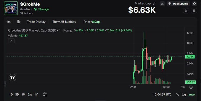 A cryptocurrency chart for '$GrokMe' on what appears to be a trading platform, showing a market cap of $6.63K with a 9.06% increase.