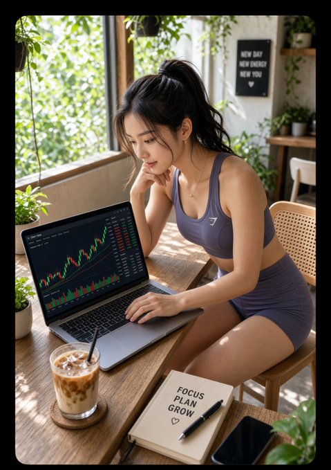 A digital image of a young woman in a purple sports bra and shorts sitting at a wooden desk looking at a laptop displaying financial charts, with an iced coffee, a notebook reading 'FOCUS PLAN GROW', and plants in the background.