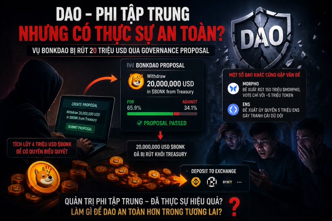 A Vietnamese infographic titled 'DAO – Phi tập trung nhưng có thực sự an toàn?' about the BonkDAO proposal to withdraw $20 million USD from treasury, showing voting results and other DAO security incidents like MORPHO and ENS.
