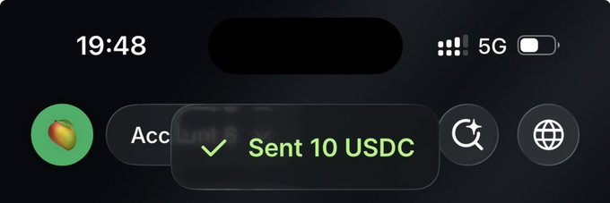 A smartphone notification screen showing the time 19:48 with a transaction confirmation reading '✓ Sent 10 USDC'.