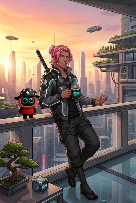 The image features an illustration of a man standing on a balcony, holding a cup of coffee and wearing a helmet with a sword. The background shows a cityscape filled with buildings and skyscrapers under a sunset sky. There are also two small figures in the scene - one is a cartoon character resembling a person or animal, while the other is a tree.