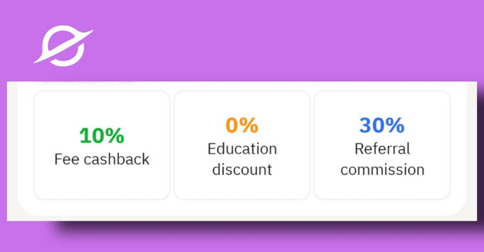 A promotional graphic on a purple background advertising 10% fee cashback, 0% education discount, and 30% referral commission.