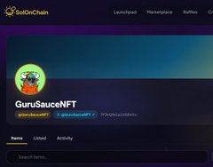 A screenshot of the SolarChain website displays a user profile for "GuruSauceNFT" with the wallet address "gurusauce.eth".