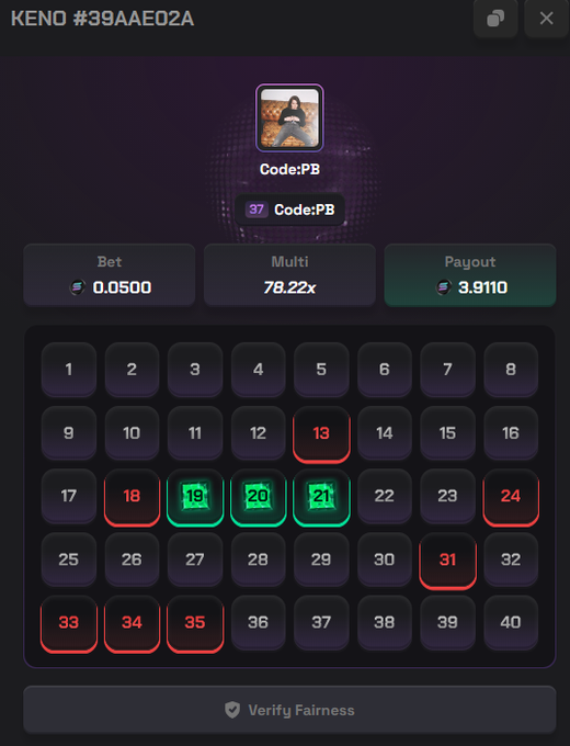 A Keno game result on solpump showing a winning bet of 0.0500 with a 78.22x multiplier, yielding a payout of 3.9110. The board displays selected numbers (18, 19, 20, 21, 24, 31, 33, 34, 35) with 19, 20, and 21 highlighted as hits, matching the user's claim of hitting 78x.