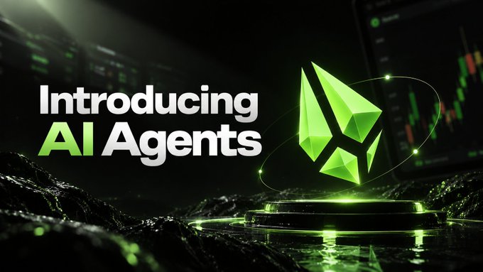 A bold promotional graphic featuring the text "Introducing AI Agents" alongside a glowing green faceted crystal logo on a dark, futuristic background with trading terminal interfaces, announcing the launch of Lexur's AI agent-based trading feature.