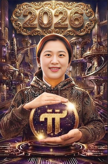 The image is a stylized promotional graphic featuring a smiling young woman holding a glowing Pi (π) coin against an ornate, futuristic cityscape backdrop, with the text "2026" displayed prominently at the top in decorative gold lettering.

The image visually symbolizes Pi Network's cryptocurrency and its forward-looking vision into 2026, while the accompanying post draws a distinction between "mined" Pi and "exchange-acquired" Pi, using the Pi coin imagery to underscore the authenticity and value debate central to the discussion.