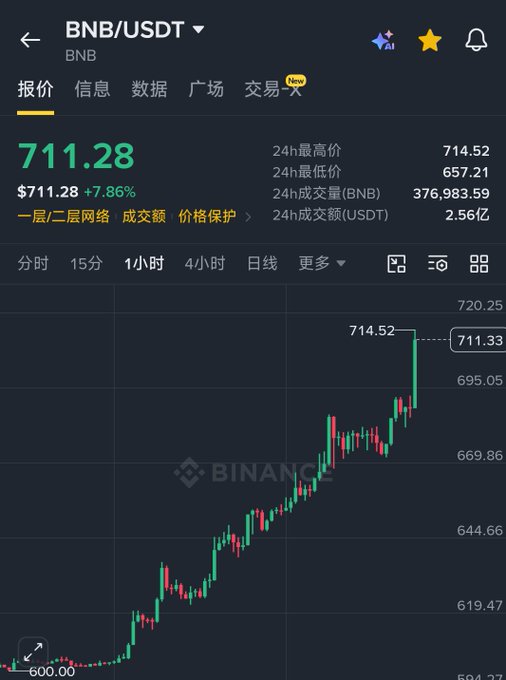A Binance price chart shows BNB/USDT trading at $711.28, up 7.86%, with a 24-hour high of $714.52 — perfectly illustrating the post's emotional reaction to BNB's strong half-year performance.