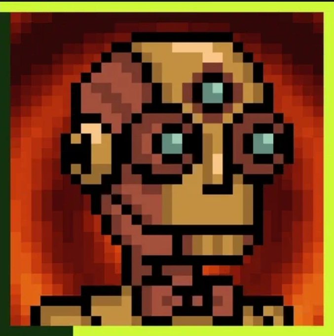 A pixel art portrait of a character with teal eyes wearing a reddish-brown headwrap, set against a pixelated reddish-orange background.