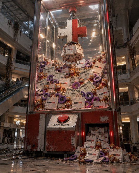 A giant arcade claw machine labeled "ADD MORE" is overflowing with GameStop shopping bags and stuffed dog toys spilling onto a trashed mall floor, paired with the caption "one more game. i can definitely win this time. +" to satirize the endless GameStop buying cycle.