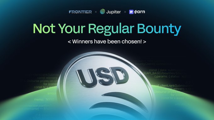 The image features a coin with the word "USD" written on it, which appears to be a USDC coin or token. The text above the coin reads "Not Your Regular Bounty". Below the coin, there are three lines of text that read "Winners have been chosen!". The background of the image is black and green, and it contains various texts related to the coin and its value.