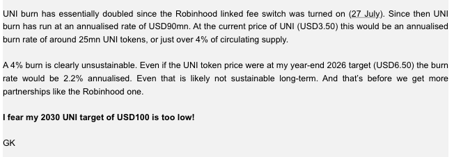A text excerpt discussing the UNI token burn rate, noting it has doubled since the Robinhood fee switch on 27 July, with a target price of USD100 by 2030.