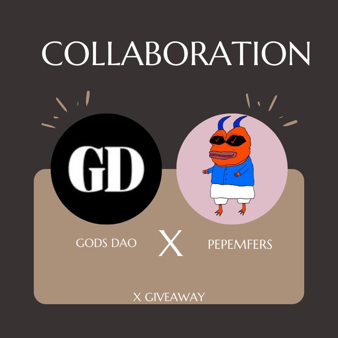A promotional graphic announcing a 'COLLABORATION' and 'X GIVEAWAY' between 'GODS DAO' and 'PEPEMFERS', featuring a black circle with 'GD' logo and a cartoon red devil character wearing sunglasses and a blue shirt.