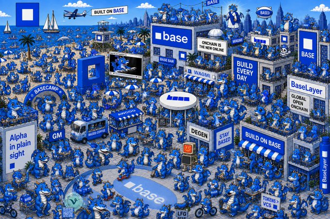 A bustling blue-and-white Base blockchain promotional illustration depicting a dense cityscape filled with countless serpentine creatures, storefronts, and billboards reading "BUILT ON BASE," "ONCHAIN IS THE NEW ONLINE," "BaseLayer," "Alpha in plain sight," and "Basecamp." The post's quip "all i see is based dragons" humorously captures the overwhelming sea of reptilian figures dominating the promotional art, turning Base's branding into a playful meme about the recurring dragon motif flooding the scene.
