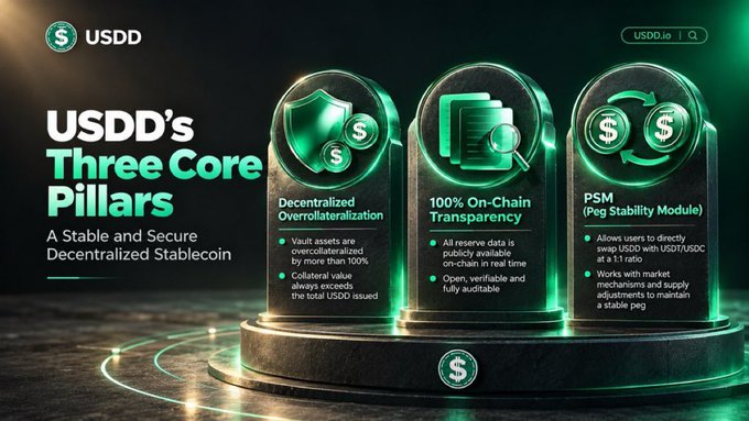 An informational graphic for USDD stablecoin outlining 'USDD's Three Core Pillars: A Stable and Secure Decentralized Stablecoin', featuring 'Decentralized Overcollateralization' (vault assets overcollateralized by more than 100%, collateral value always exceeds the total USDD issued), '100% On-Chain Transparency' (all reserve data is publicly available on-chain in real time, open, verifiable and fully auditable), and 'PSM (Peg Stability Module)' (allows users to directly swap USDD with USDT/USDC at a 1:1 ratio, works with market mechanisms and supply adjustments to maintain a stable peg).