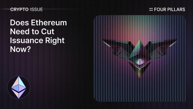 A graphic titled "Does Ethereum Need to Cut Issuance Right Now?" by Four Pillars under a "Crypto Issue" header, featuring the Ethereum logo alongside a stylized iridescent geometric design, relates to the post by framing the debate over Ethereum's issuance reduction and its potential impact on staking revenues and Bitmain's bottom line.