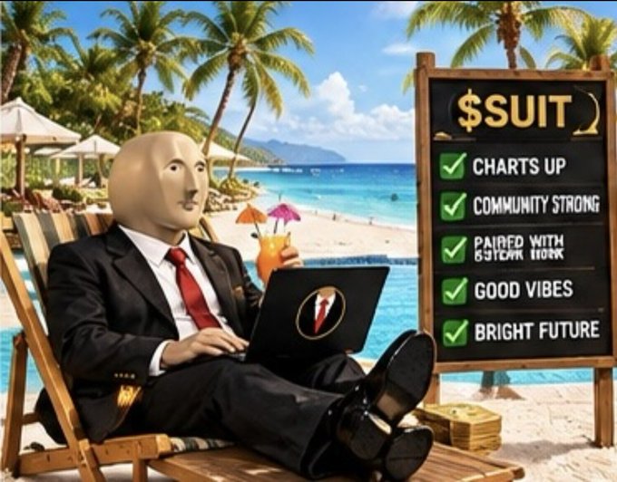 A surreal meme image of a man in a suit with a featureless mannequin head relaxing on a beach lounge chair with a laptop, next to a '$UIT' sign listing checkmarked items like 'CHARTS UP,' 'COMMUNITY STRONG,' 'GOOD VIBES,' and 'BRIGHT FUTURE'.