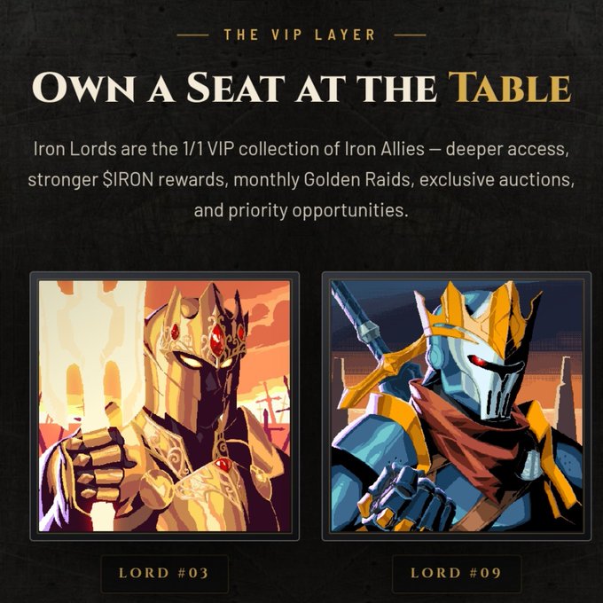 Promotional graphic titled 'OWN A SEAT AT THE TABLE' advertising 'Iron Lords' as a 1/1 VIP collection of Iron Allies, featuring artwork of two armored knights labeled LORD #03 and LORD #09.