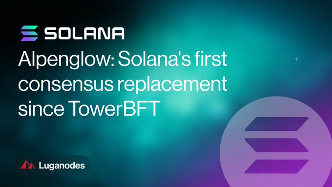 A promotional graphic with the Solana logo and text reading "Alpenglow: Solana's first consensus replacement since TowerBFT" by Luganodes.