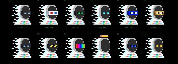 A grid of pixel art robot characters with varying facial expressions and accessories, each labeled with different ZEC (Zcash) prices ranging from 75.75 ZEC to 1,000 ZEC, with supply numbers in green at the top.