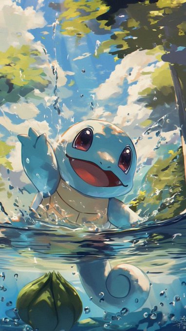 A digital illustration of a smiling Squirtle Pokémon joyfully emerging from splashing water under a blue sky with clouds.