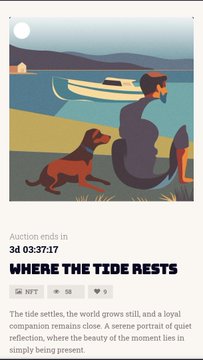 An NFT auction page titled 'WHERE THE TIDE RESTS' featuring an illustration of a person sitting with a dog on a beach at dusk, with the auction ending in 3 days, 03:37:17.