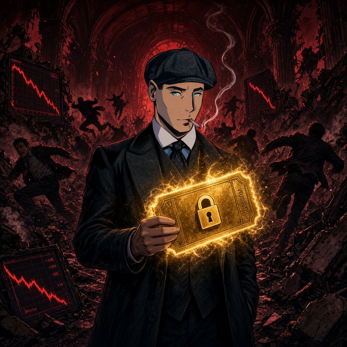 A dramatic anime-style illustration of a man in a black suit, tie, and flat cap smoking a cigarette, holding a glowing golden document secured with a padlock, while shadowy figures flee in panic around him amid red-toned ruins with falling market charts.