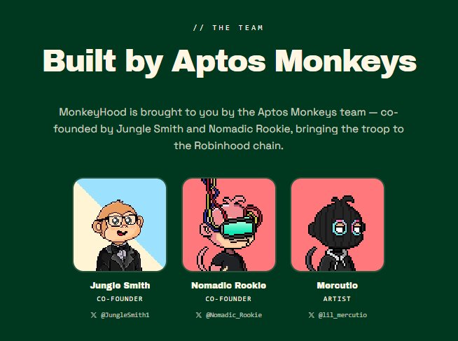 A team page titled 'Built by Aptos Monkeys' introducing MonkeyHood, co-founded by Jungle Smith (@JungleSmith1) and Nomadic Rookie (@Nomadic_Rookie), with artist Mercutio (@ill_mercutio), shown with three cartoon avatars.