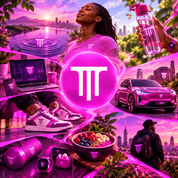 A vibrant purple promotional collage featuring a central "TT" logo, a meditating woman, a water bottle, laptop, sneakers, car, and other lifestyle products.