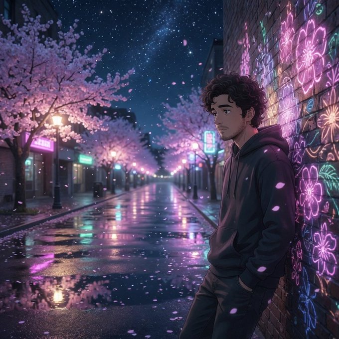 The image features a man leaning against a brick wall, wearing a hoodie and holding his hands in his pockets. The background of the image shows a city street with trees and buildings lit up at night, creating a vibrant atmosphere. There are neon lights on the buildings that add to the overall ambiance of the scene. The post also mentions that there is no bridge or points farm, which adds an interesting twist to the story behind this particular image.