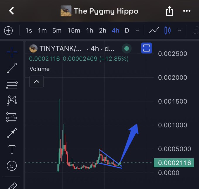 A 4-hour candlestick chart for the TINYTANK token, nicknamed "The Pygmy Hippo," is shown with hand-drawn blue lines illustrating a falling wedge pattern. The chart displays a breakout from this consolidation pattern, highlighted by a blue upward arrow pointing toward higher price levels, alongside a current price of 0.0002116 and a 12.85% gain.