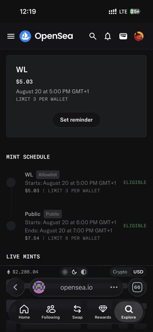 A screenshot of the OpenSea mobile app showing an NFT mint schedule for 'WL' at $5.03 with a 3 per wallet limit, and a Public mint at $7.54.
