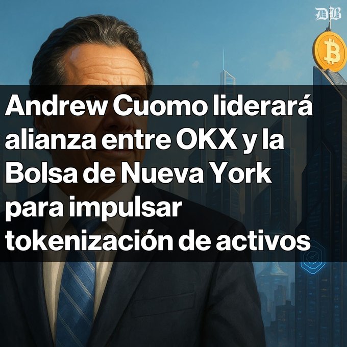 The image features an illustration of Andrew Cuomo, dressed in a suit and tie, standing against a city skyline backdrop. The text in the image reads "Andrew Cuomo lidera una alianza entre OKX y la Bolsa de Nueva York El exgobernador vuelve al sector de activos digitales. Usuarios de OKX podrán acceder a productos de ICE y acciones tokenizadas". The image is accompanied by a caption that provides information about Andrew Cuomo and his involvement with the OKX tokenization project, which is aimed at creating a secure and transparent digital currency system.