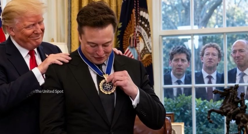 An AI-generated image labeled '@TheUnitedSpot' depicts Donald Trump placing a medal around Elon Musk's neck while Mark Zuckerberg and Jeff Bezos look on disapprovingly through a window.