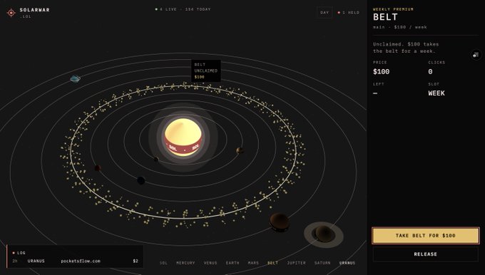 Solar War game interface showing orbits of the planets around the Sun, with a panel labeled 'WEEKLY PREMIUM BELT' for $100/week and a 'TAKE BELT FOR $100' button.