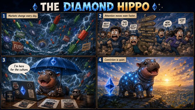 A four-panel comic titled "THE DIAMOND HIPPO" contrasts the chaos of crypto markets (chaotic candlesticks, panicking crowds with "FUD!" and "MOON" signs) with a calm, diamond-covered hippo holding an umbrella in the storm before standing serene at sunrise, captioned "Conviction is quiet" — visually personifying the post's message that while charts, narratives, and timelines shift, the $MOODENG memecoin remains steady "Here for the culture."