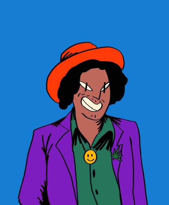 A cartoon illustration of a character with dark curly hair wearing an orange hat, purple jacket, and green shirt with a smiley face pendant, grinning mischievously against a blue background.